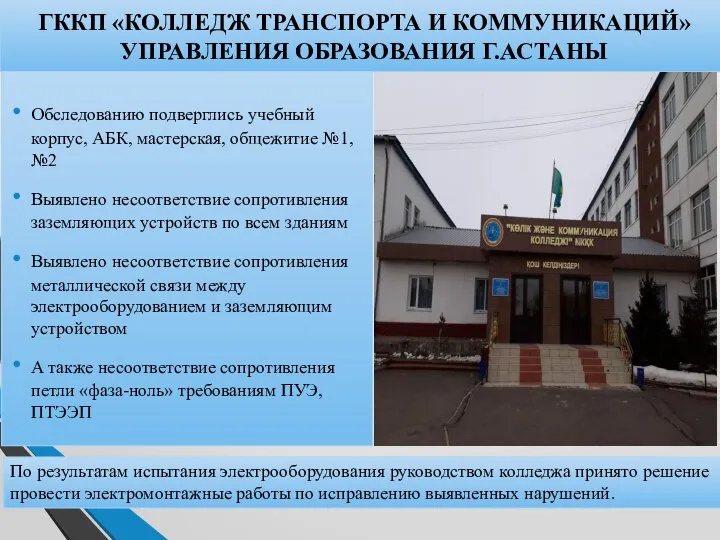 ГККП «КОЛЛЕДЖ ТРАНСПОРТА И КОММУНИКАЦИЙ» УПРАВЛЕНИЯ ОБРАЗОВАНИЯ Г.АСТАНЫ Обследованию подверглись учебный