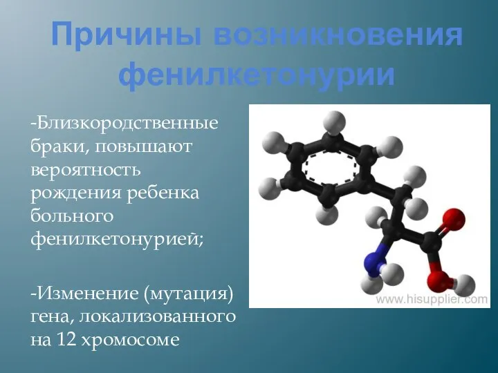 Причины возникновения фенилкетонурии -Близкородственные браки, повышают вероятность рождения ребенка больного фенилкетонурией;