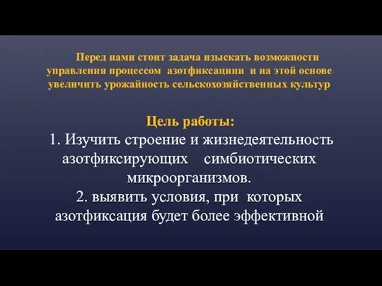 Перед нами стоит задача изыскать возможности управления процессом азотфиксациии и на