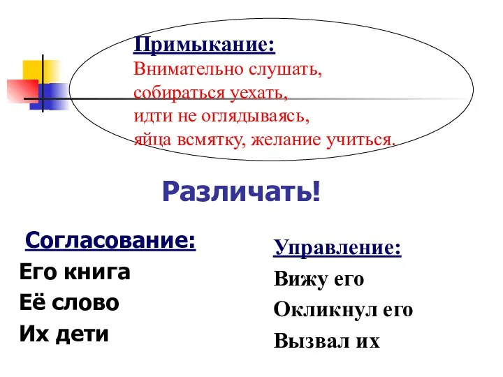 Различать! Согласование: Его книга Её слово Их дети Управление: Вижу его