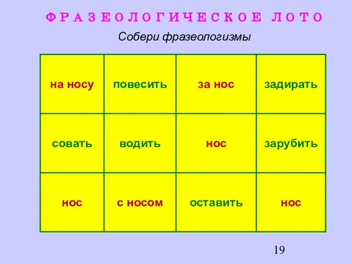 ФРАЗЕОЛОГИЧЕСКОЕ ЛОТО Собери фразеологизмы