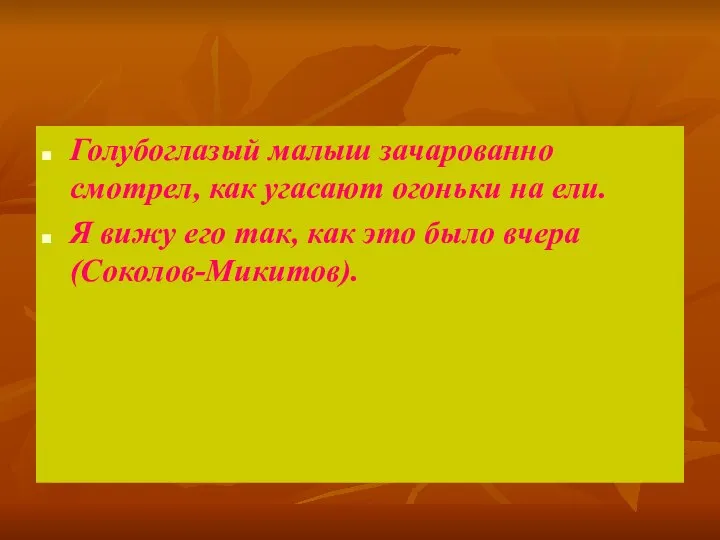 Голубоглазый малыш зачарованно смотрел, как угасают огоньки на ели. Я вижу