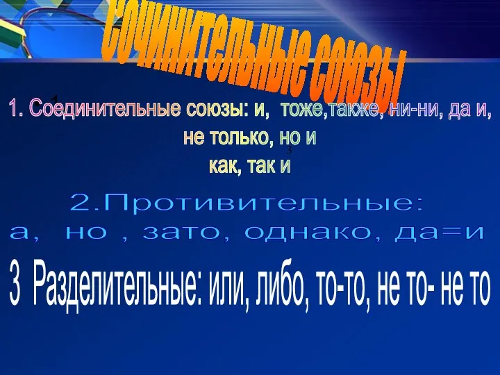 1. 3 Сочинительные союзы 1. Соединительные союзы: и, тоже,также, ни-ни, да