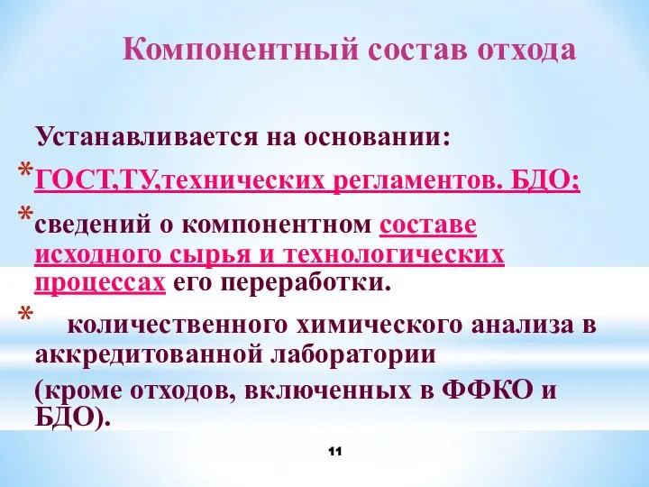 Компонентный состав отхода Устанавливается на основании: ГОСТ,ТУ,технических регламентов. БДО; сведений о