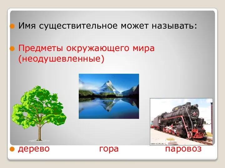 Имя существительное может называть: Предметы окружающего мира (неодушевленные) дерево гора паровоз