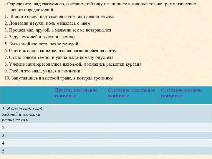 - Определите вид сказуемого, составьте таблицу и запишите в колонки только