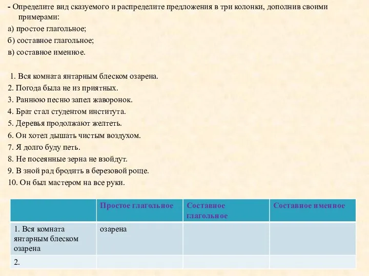 - Определите вид сказуемого и распределите предложения в три колонки, дополнив