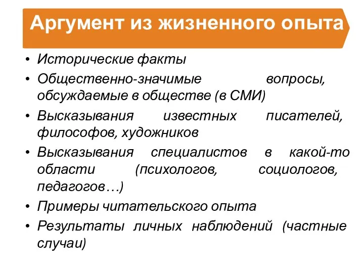 Аргумент из жизненного опыта Исторические факты Общественно-значимые вопросы, обсуждаемые в обществе