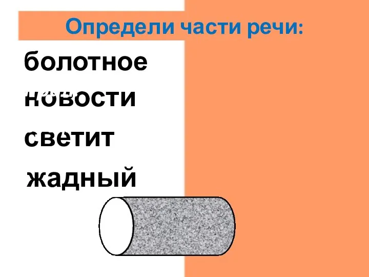 жадный прил. светит гл. новости сущ. болотное прил. Определи части речи: