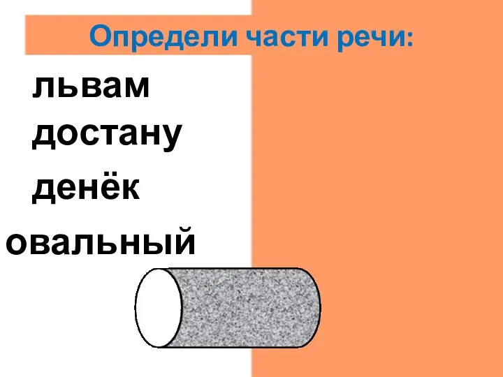 овальный прил. денёк сущ. достану гл. львам сущ. Определи части речи: