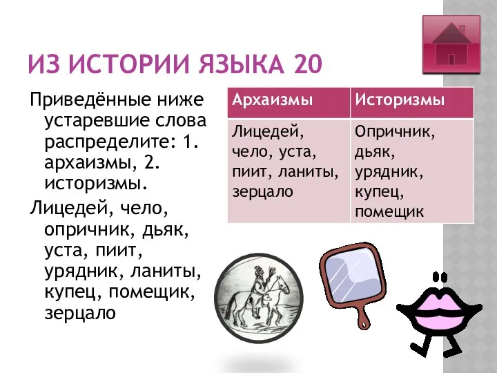 ИЗ ИСТОРИИ ЯЗЫКА 20 Приведённые ниже устаревшие слова распределите: 1. архаизмы,