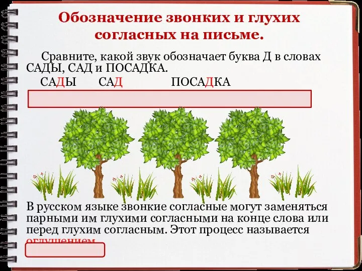 Обозначение звонких и глухих согласных на письме. Сравните, какой звук обозначает