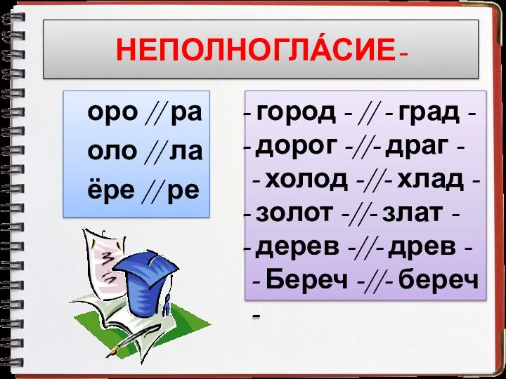 НЕПОЛНОГЛА́СИЕ- оро // ра оло // ла ёре // ре город