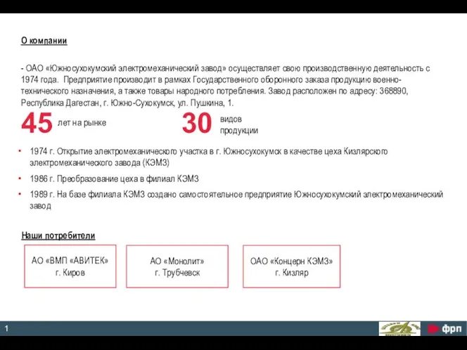 О компании - ОАО «Южносухокумский электромеханический завод» осуществляет свою производственную деятельность