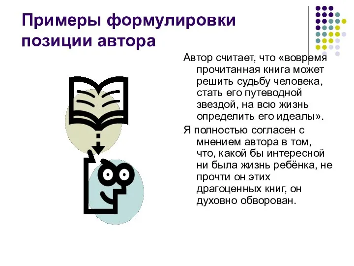 Примеры формулировки позиции автора Автор считает, что «вовремя прочитанная книга может