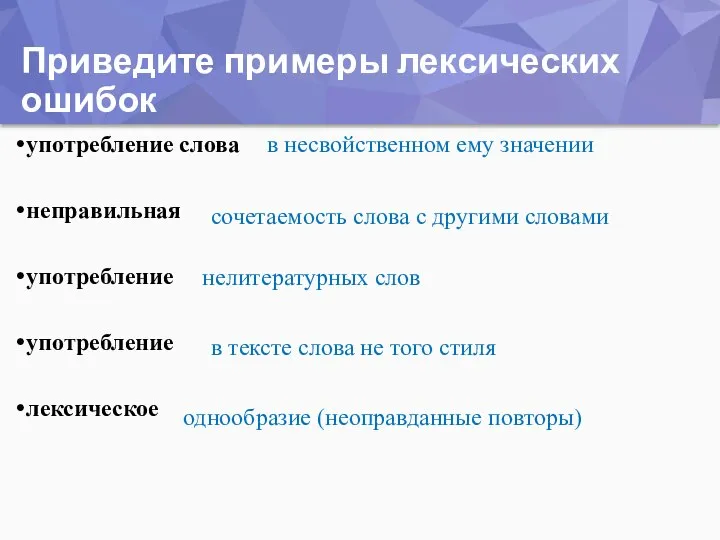 Приведите примеры лексических ошибок употребление слова неправильная употребление употребление лексическое в