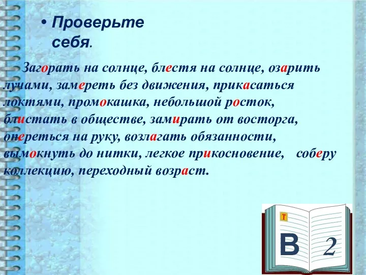 В 2 Проверьте себя. Загорать на солнце, блестя на солнце, озарить