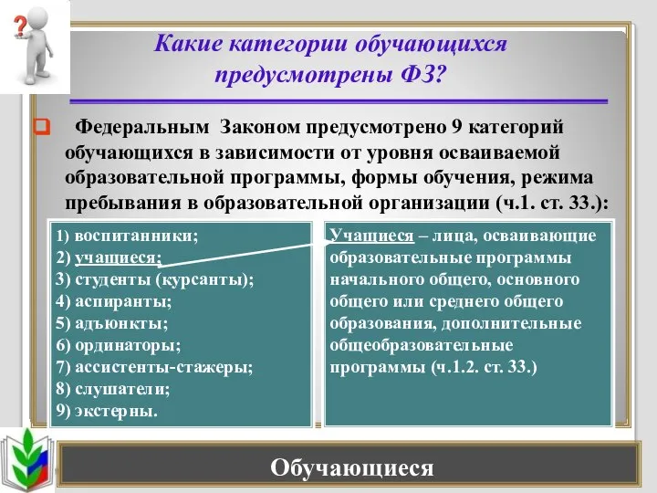 Обучающиеся Какие категории обучающихся предусмотрены ФЗ? Федеральным Законом предусмотрено 9 категорий