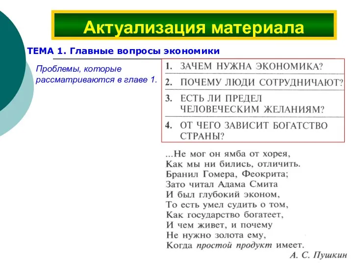 Актуализация материала ТЕМА 1. Главные вопросы экономики Проблемы, которые рассматриваются в главе 1.