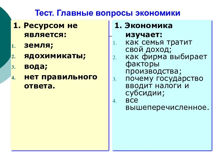 Тест. Главные вопросы экономики 1. Ресурсом не является: земля; ядохимикаты; вода;