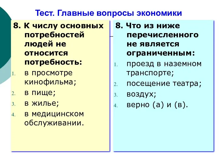 Тест. Главные вопросы экономики 8. К числу основных потребностей людей не