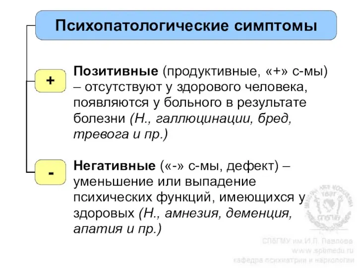 Психопатологические симптомы + - Позитивные (продуктивные, «+» с-мы) – отсутствуют у