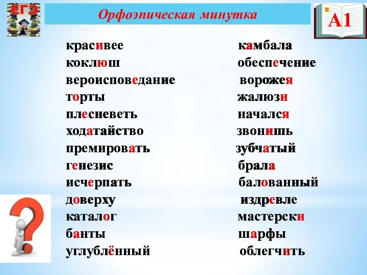 Орфоэпическая минутка красивее камбала коклюш обеспечение вероисповедание ворожея торты жалюзи плесневеть