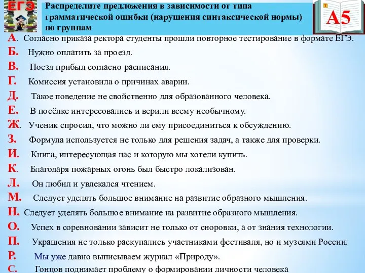 А5 Распределите предложения в зависимости от типа грамматической ошибки (нарушения синтаксической