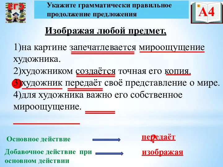 1)на картине запечатлевается мироощущение художника. 2)художником создаётся точная его копия. 3)художник