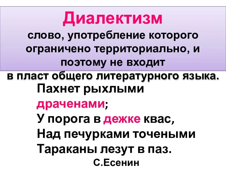 Диалектизм слово, употребление которого ограничено территориально, и поэтому не входит в