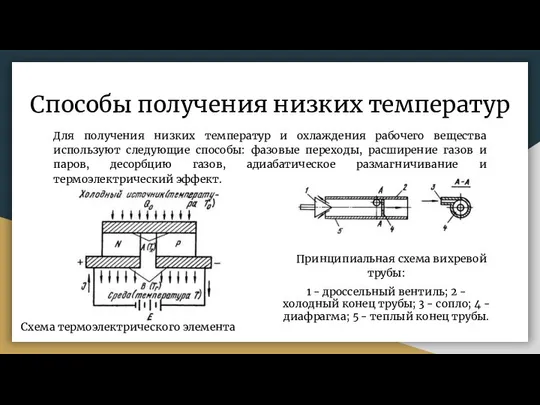 Способы получения низких температур Для получения низких температур и охлаждения рабочего