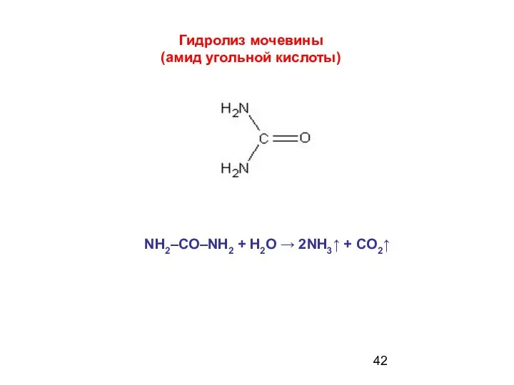 Гидролиз мочевины (амид угольной кислоты) NH2–CO–NH2 + H2O → 2NH3↑ + CO2↑