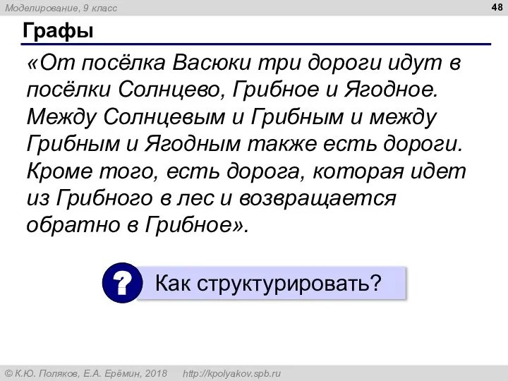 Графы «От посёлка Васюки три дороги идут в посёлки Солнцево, Грибное