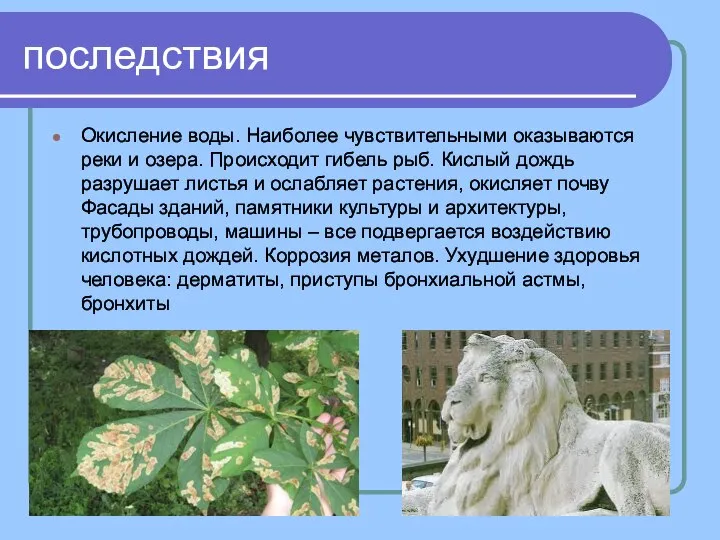 последствия Окисление воды. Наиболее чувствительными оказываются реки и озера. Происходит гибель