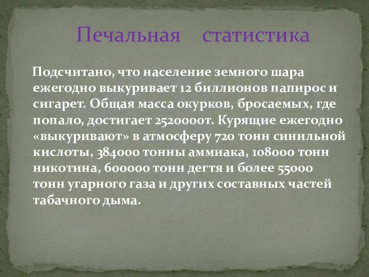 Подсчитано, что население земного шара ежегодно выкуривает 12 биллионов папирос и