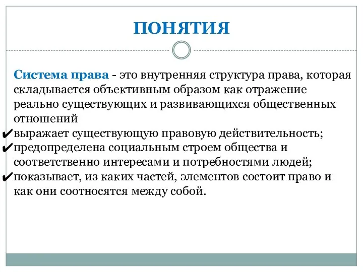 ПОНЯТИЯ Система права - это внутренняя структура права, которая складывается объективным