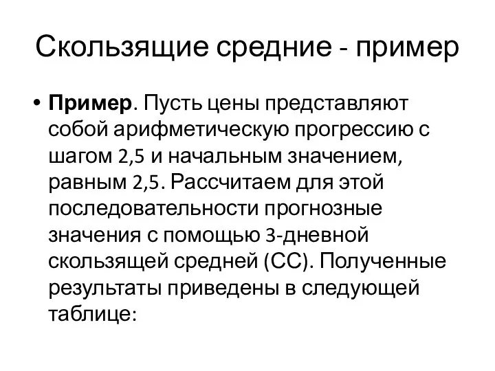 Скользящие средние - пример Пример. Пусть цены представляют собой арифметическую прогрессию