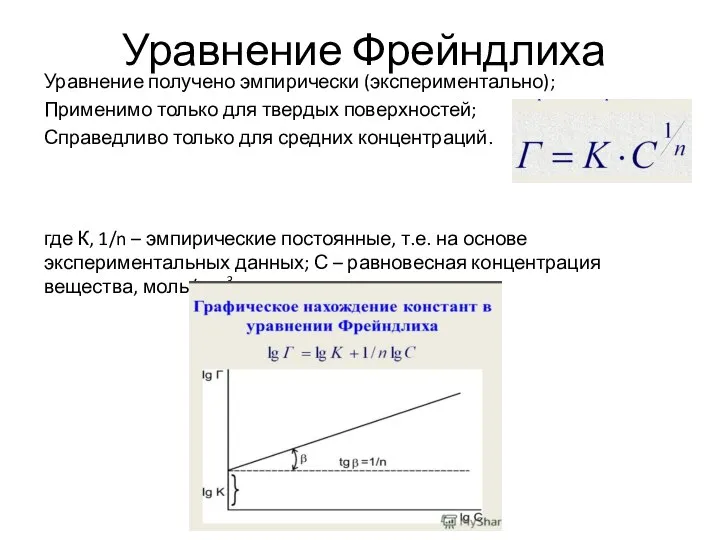 Уравнение Фрейндлиха Уравнение получено эмпирически (экспериментально); Применимо только для твердых поверхностей;