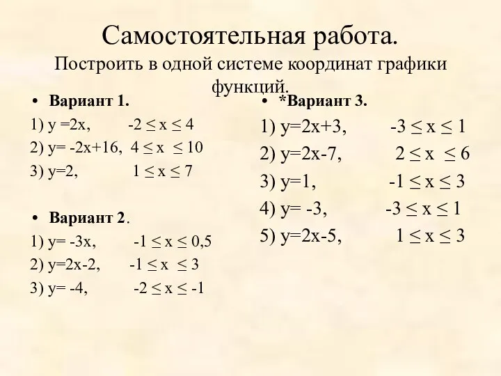 Самостоятельная работа. Построить в одной системе координат графики функций. Вариант 1.