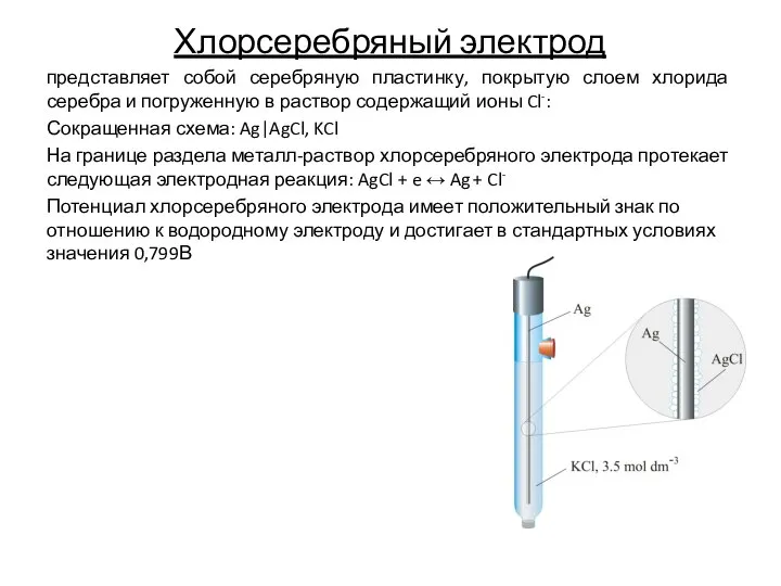 Хлорсеребряный электрод представляет собой серебряную пластинку, покрытую слоем хлорида серебра и