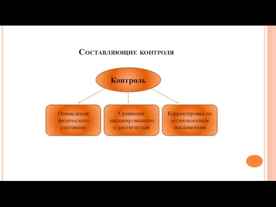 Составляющие контроля Контроль Осмысления физического состояния Сравнения запланированного с достигнутым Корректировка по установленным отклонениям