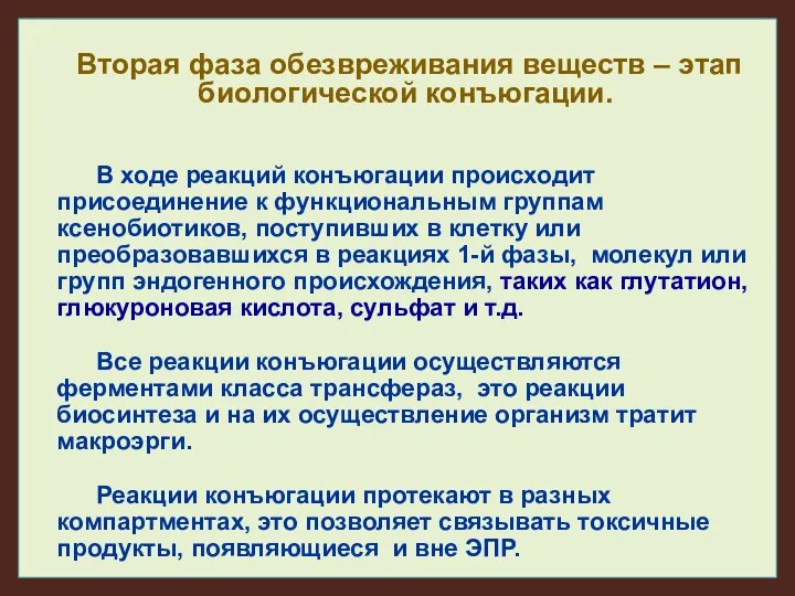 Вторая фаза обезвреживания веществ – этап биологической конъюгации. В ходе реакций