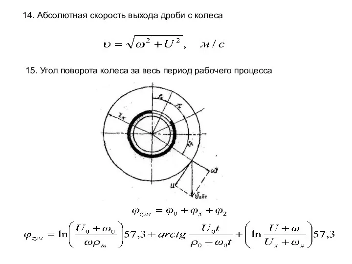14. Абсолютная скорость выхода дроби с колеса 15. Угол поворота колеса за весь период рабочего процесса