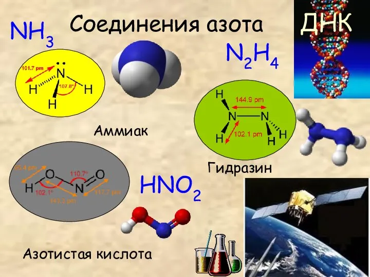 Соединения азота Аммиак Гидразин Азотистая кислота ДНК NH3 N2H4 HNO2