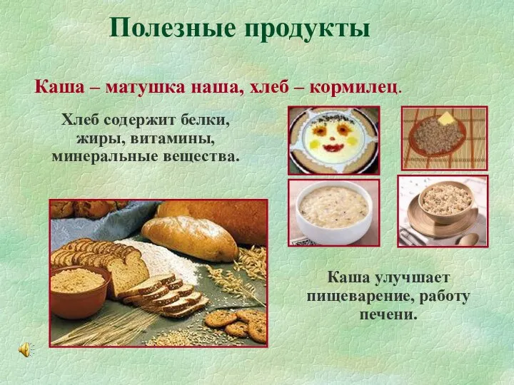 Полезные продукты Каша – матушка наша, хлеб – кормилец. Хлеб содержит