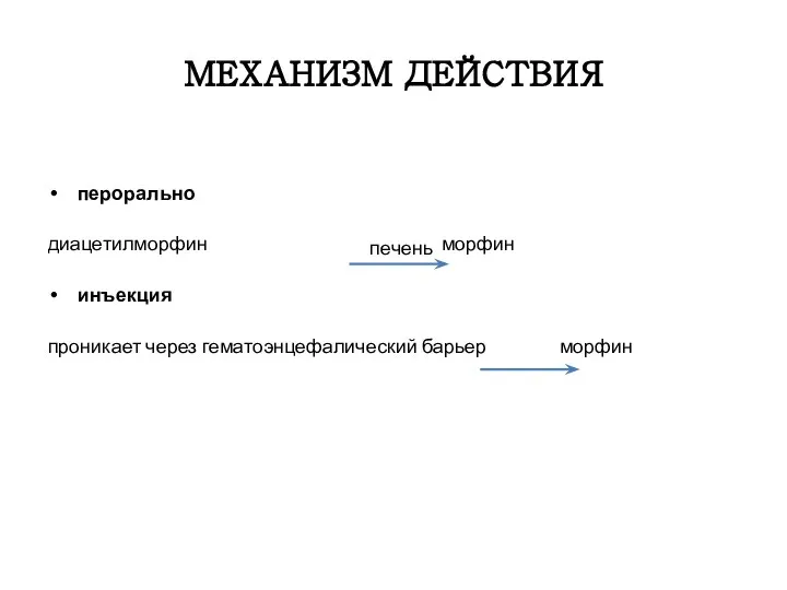 МЕХАНИЗМ ДЕЙСТВИЯ перорально диацетилморфин морфин инъекция проникает через гематоэнцефалический барьер морфин печень