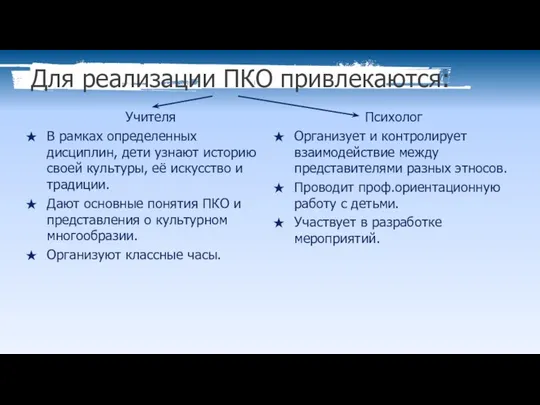 Для реализации ПКО привлекаются: Учителя В рамках определенных дисциплин, дети узнают