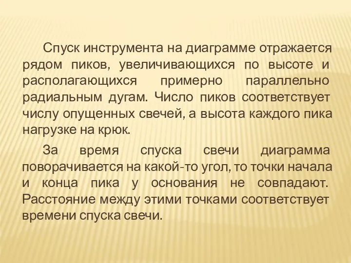 Спуск инструмента на диаграмме отражается рядом пиков, увеличивающихся по высоте и