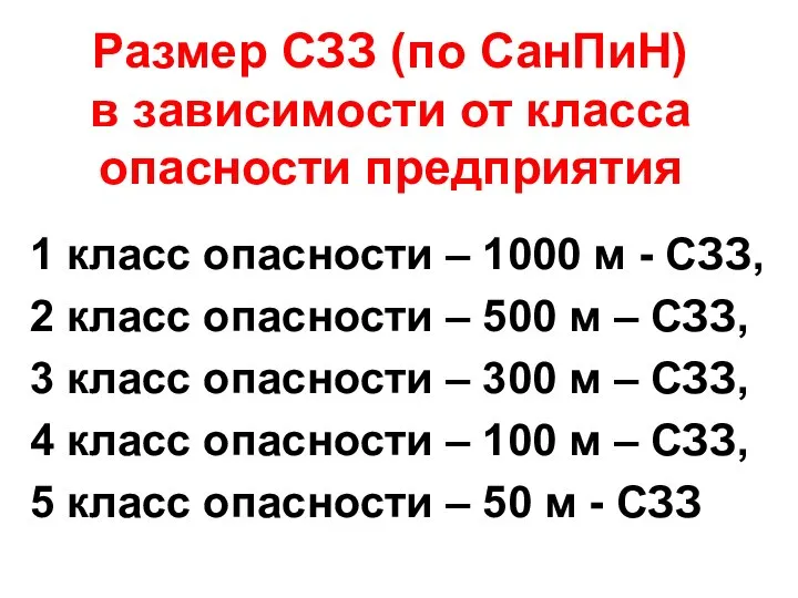 Размер СЗЗ (по СанПиН) в зависимости от класса опасности предприятия 1