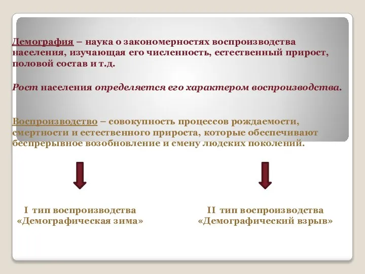 Рост населения определяется его характером воспроизводства. Демография – наука о закономерностях